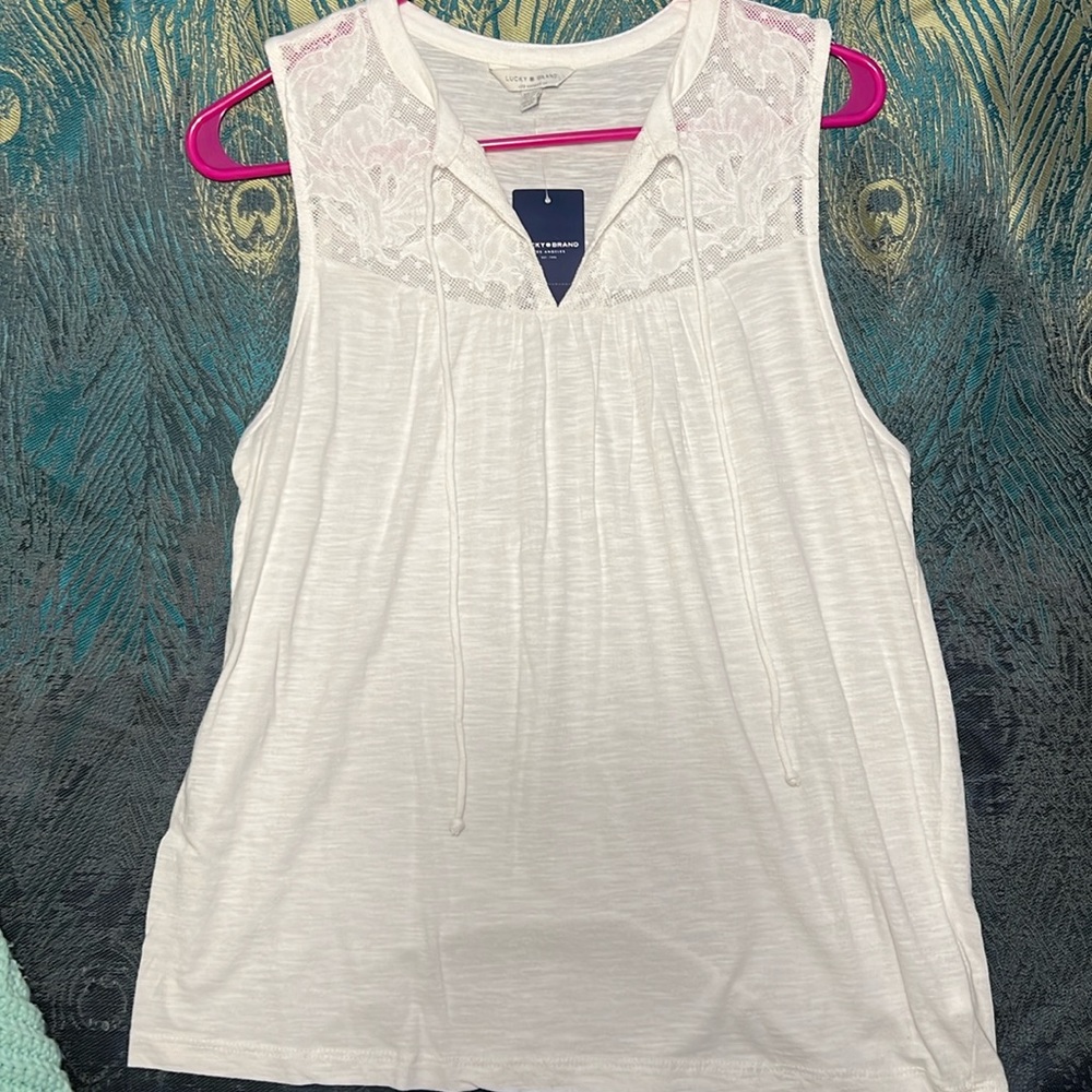 NWT Lucky Brand White Sleeveless Tank Top w/ Lace size XS